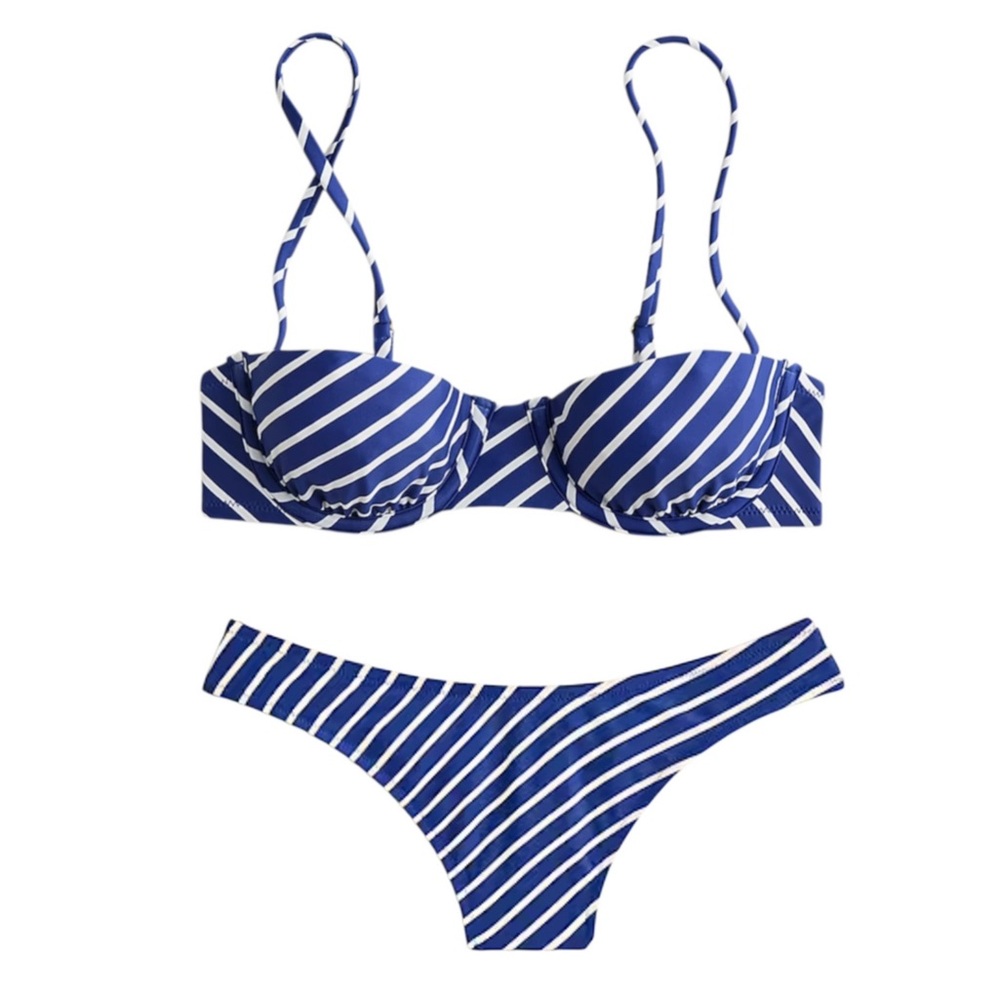 Balconette Underwire Bikini Top & 90s High Leg Bottom Blue/Wht Stripe 36A/L NWT